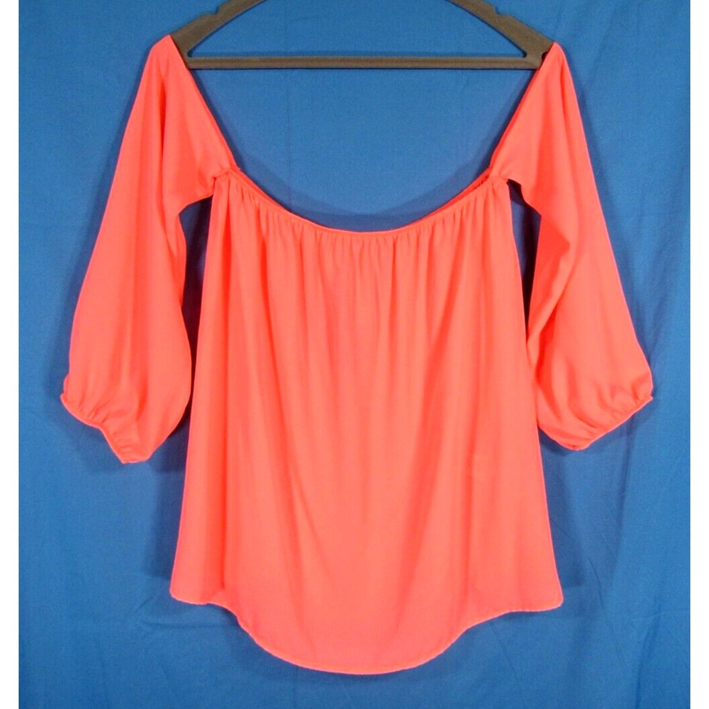 NWT ENTRO Thin CREPE Flowy OFF-THE-SHOULDER 3/4 Sleeve HOT CORAL Blouse/Top Sz M